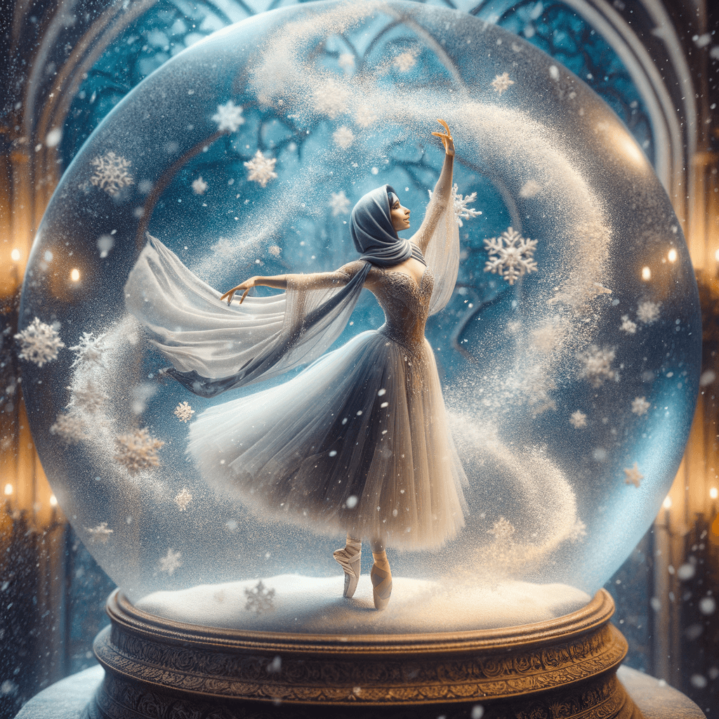 a ballerina dancing inside a snow globe, with snowflakes swirling around, magical realism