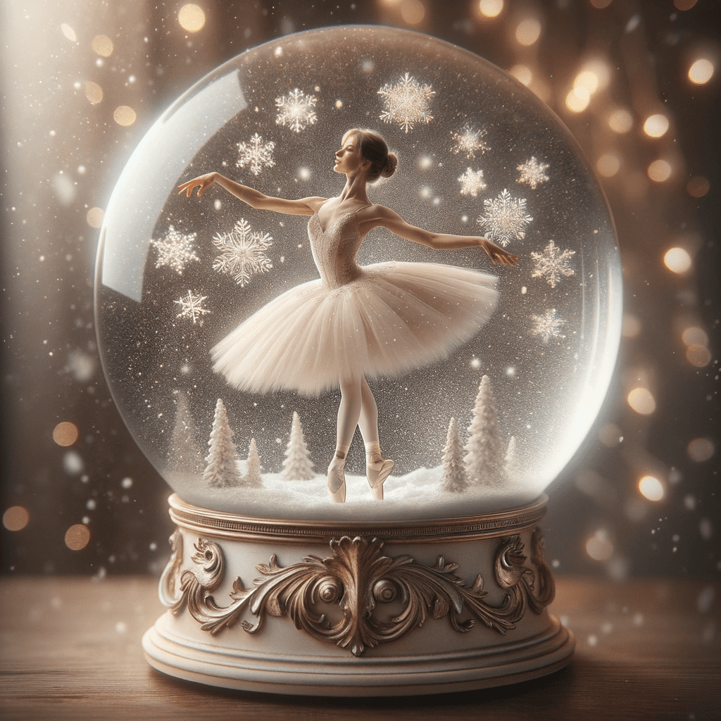 a ballerina dancing inside a snow globe, with snowflakes swirling around, magical realism