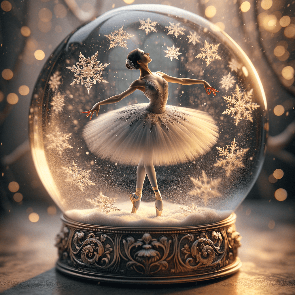 a ballerina dancing inside a snow globe, with snowflakes swirling around, magical realism