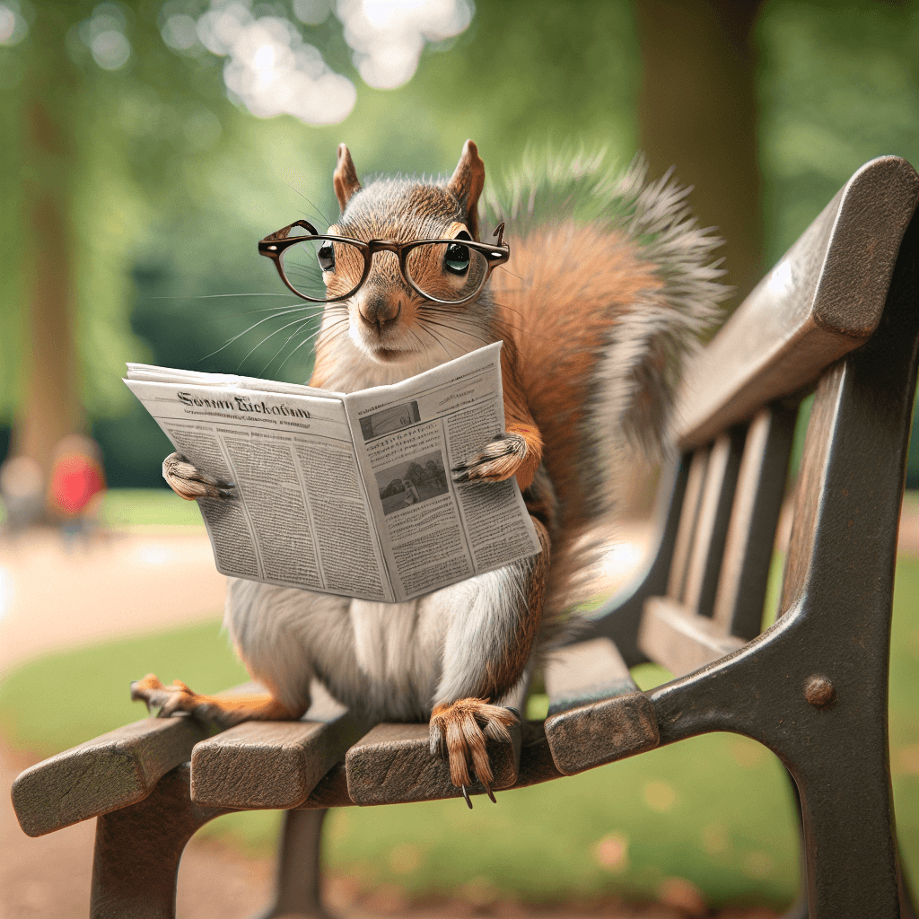 a squirrel reading a newspaper on a park bench, wearing tiny glasses, humorous illustration