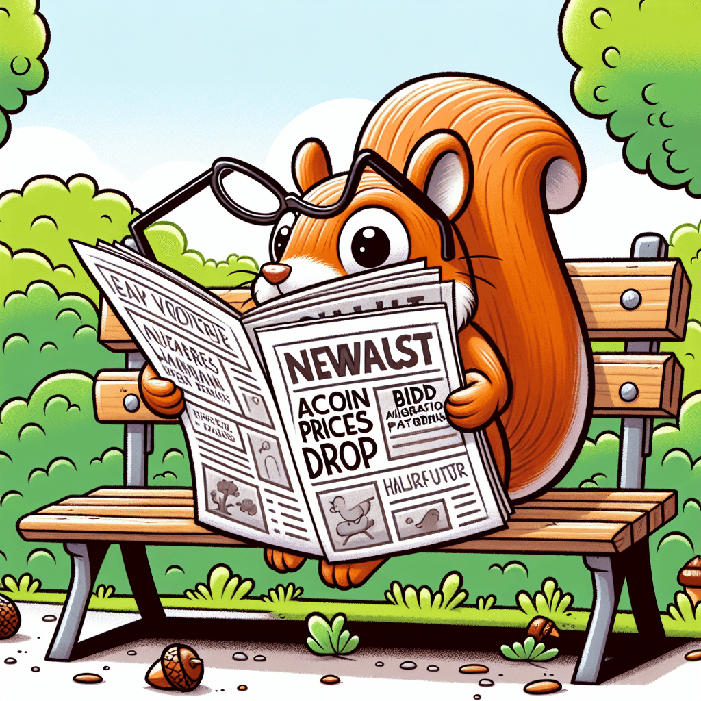 a squirrel reading a newspaper on a park bench, wearing tiny glasses, humorous illustration