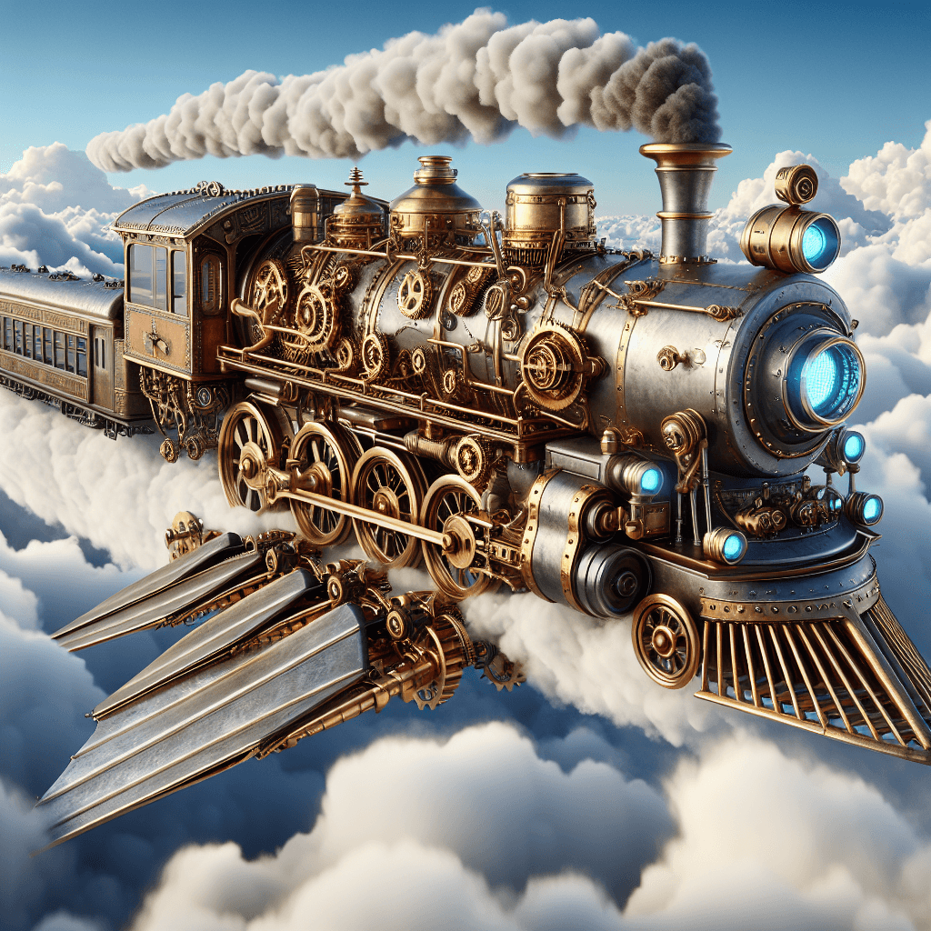 a steampunk train flying through the clouds, 3D render