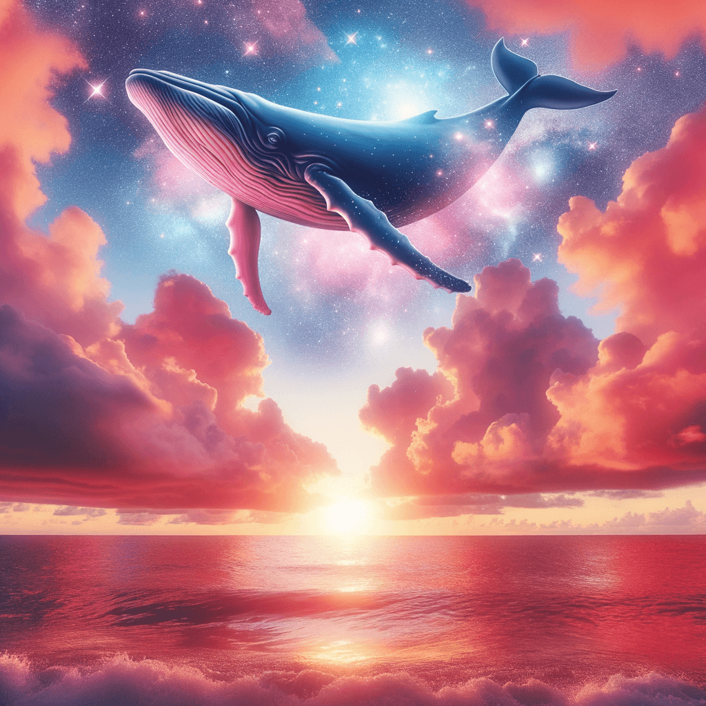 a flying whale swimming through a pink sunset sky, trailing stars behind it, surrealism