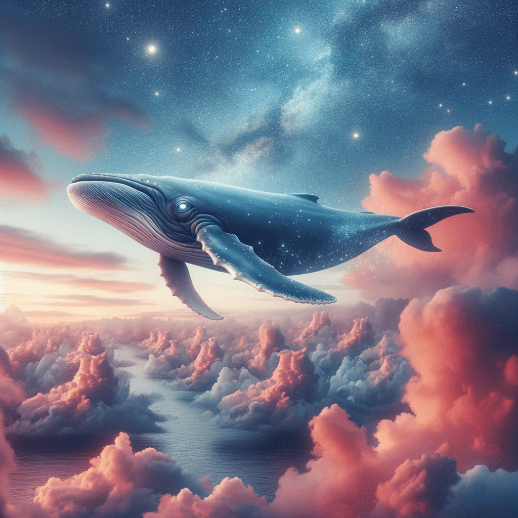 a flying whale swimming through a pink sunset sky, trailing stars behind it, surrealism