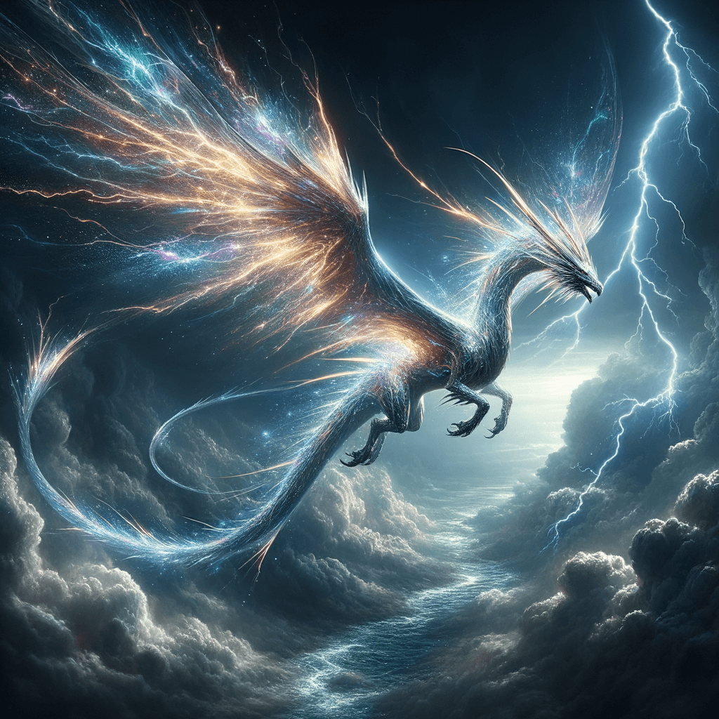 a crystal dragon flying through a stormy sky, with lightning illuminating its wings, fantasy