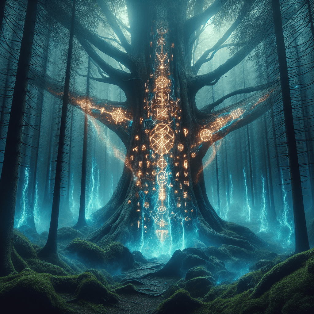 an ancient tree with glowing runes carved into its bark, in the middle of a misty forest, fantasy