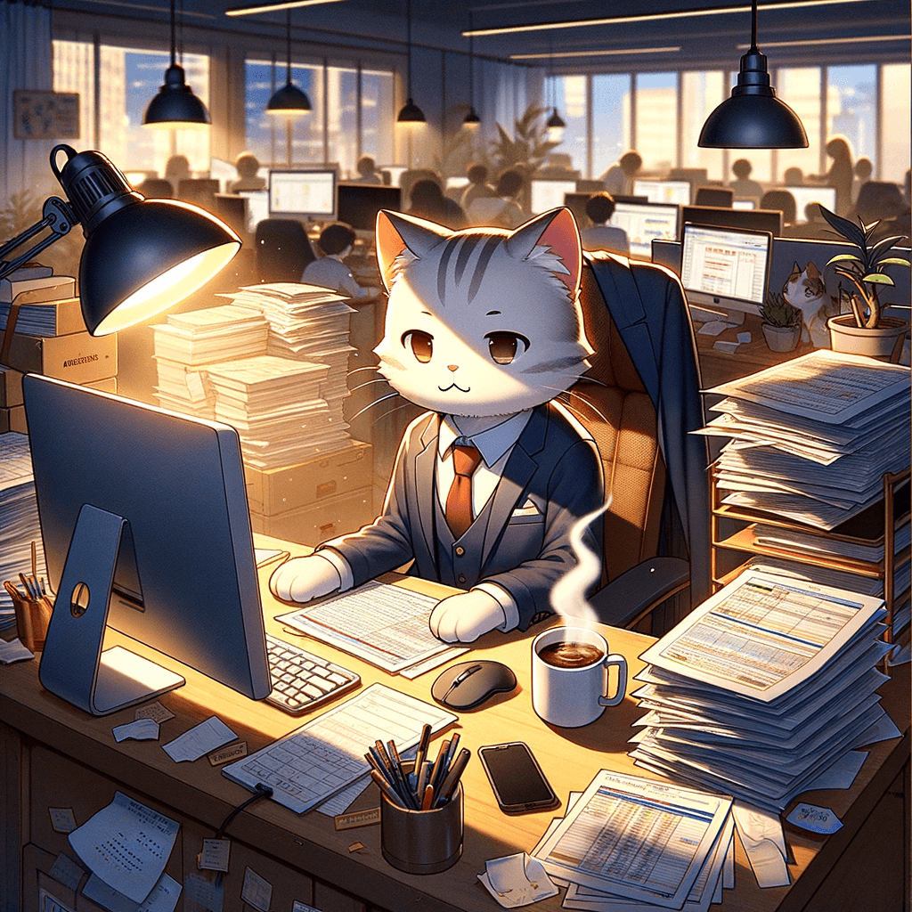 Anime cat working in an office