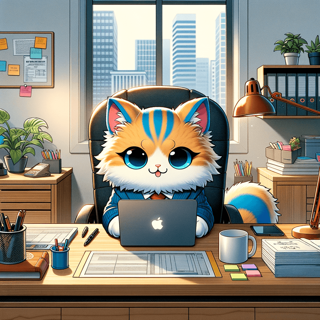 Anime cat working in an office