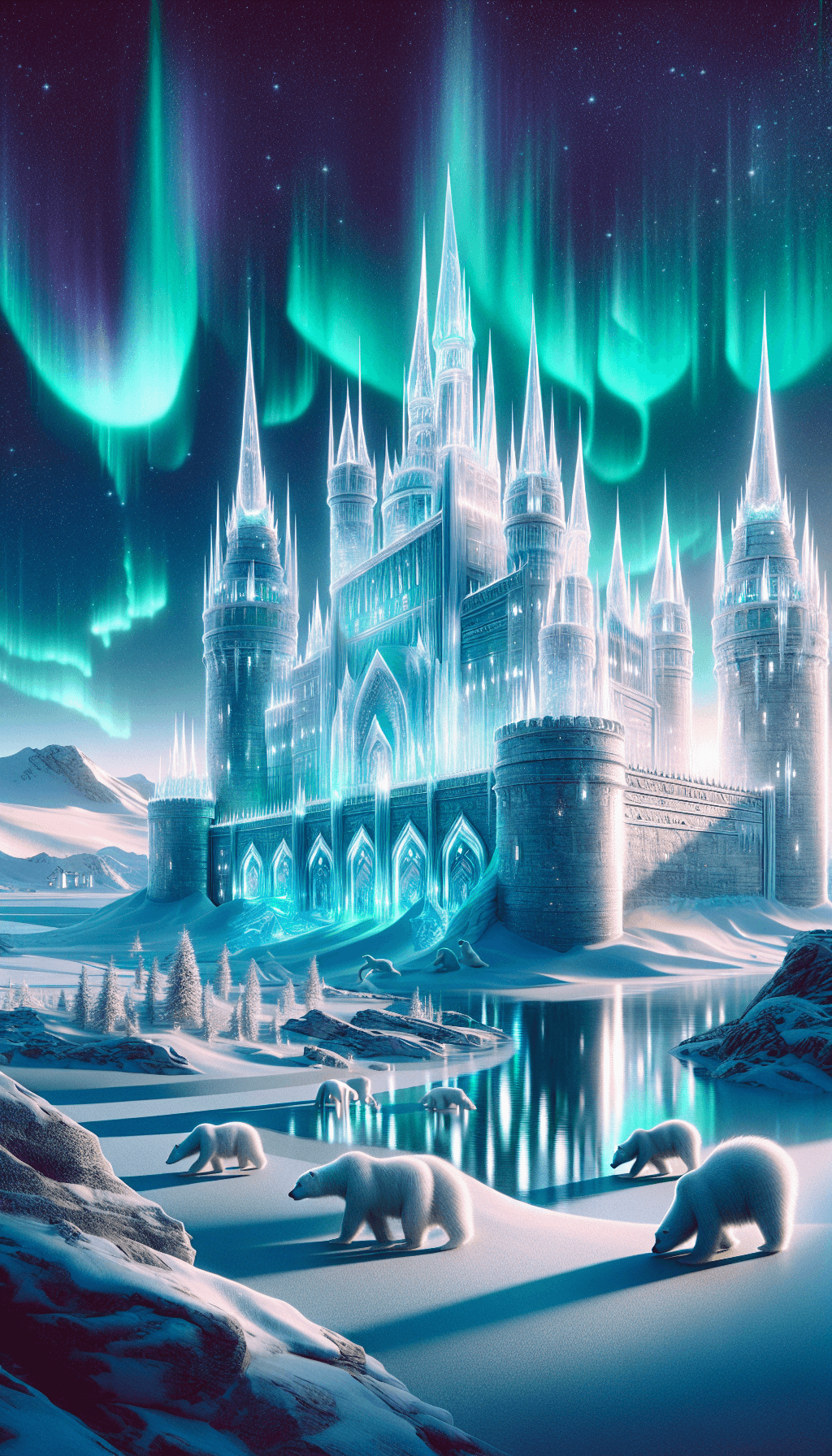 an ice castle illuminated by the Northern Lights, with polar bears wandering nearby, digital art