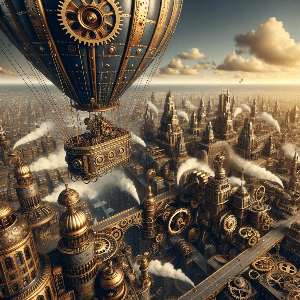 a steampunk hot air balloon flying over a city made of gears and steam, intricate detail