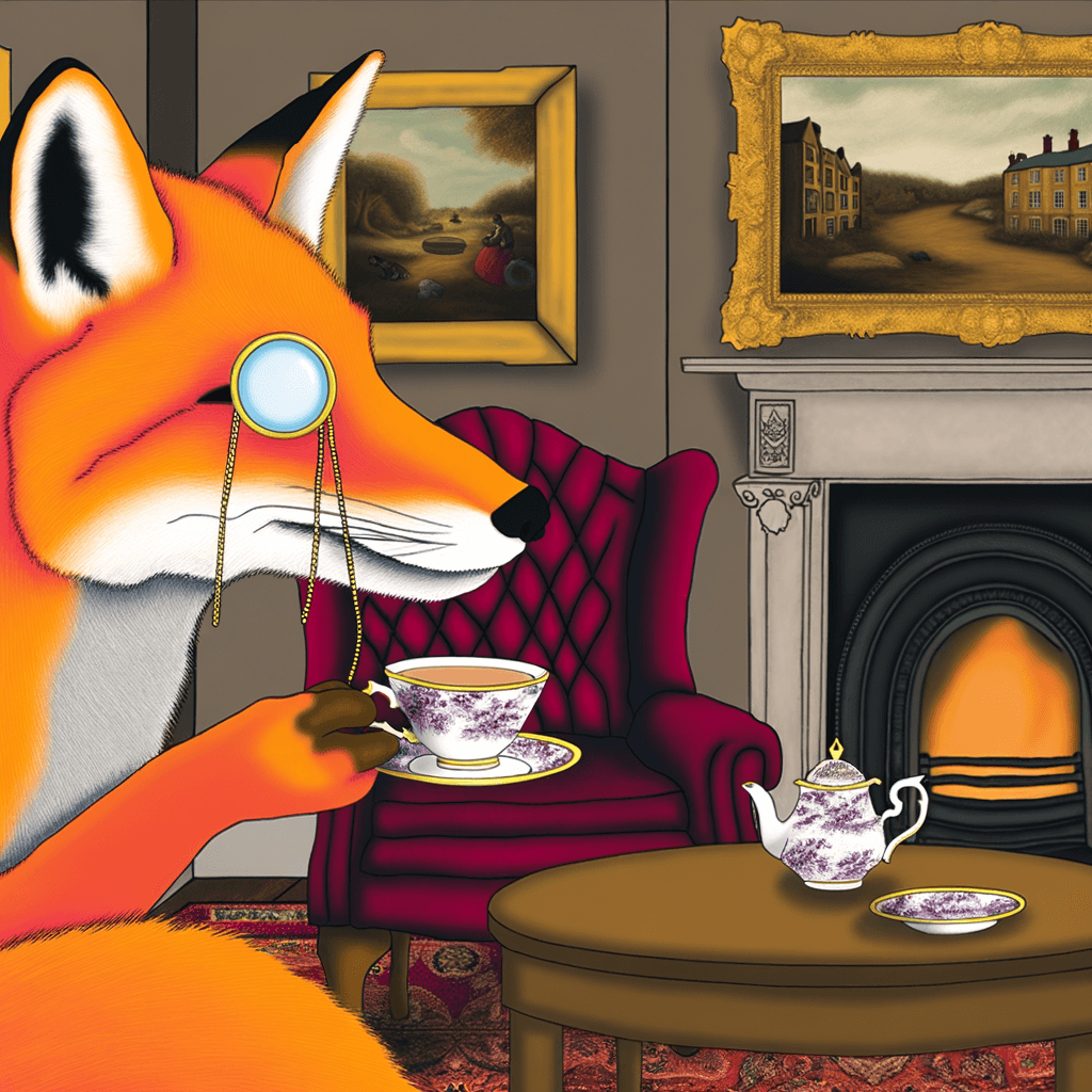 a fox wearing a monocle, drinking tea in a Victorian-era parlor, digital art